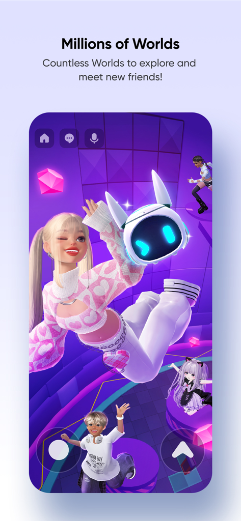 Divers avatars 3D flottant et interagissant dans un environnement de monde virtuel ZEPETO coloré.