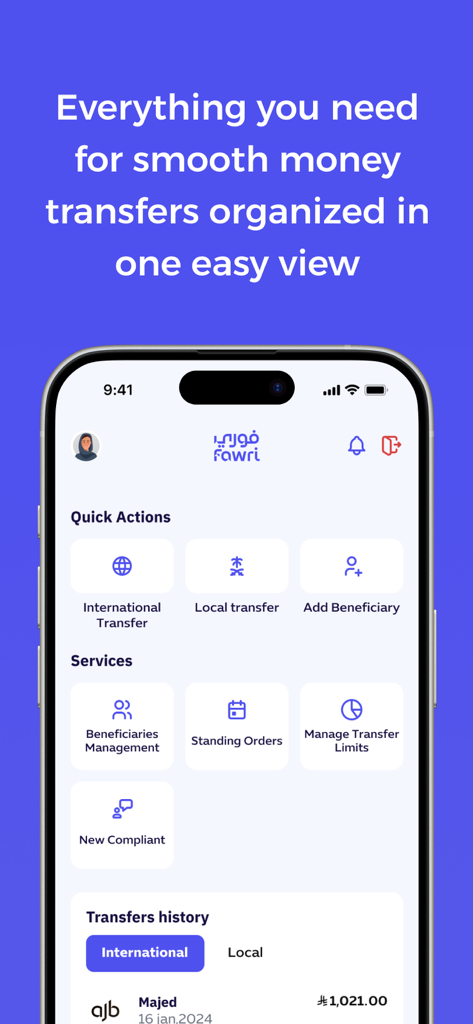 Fawri App - Fawri App dashboard featuring quick actions for international and local money transfers.