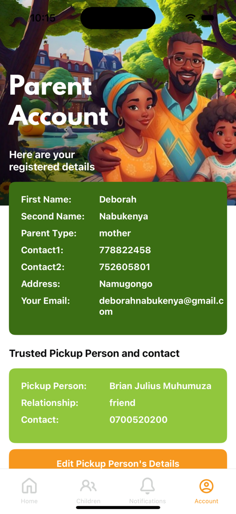 NextGen Parent app screen showing parent account details and trusted pickup person information