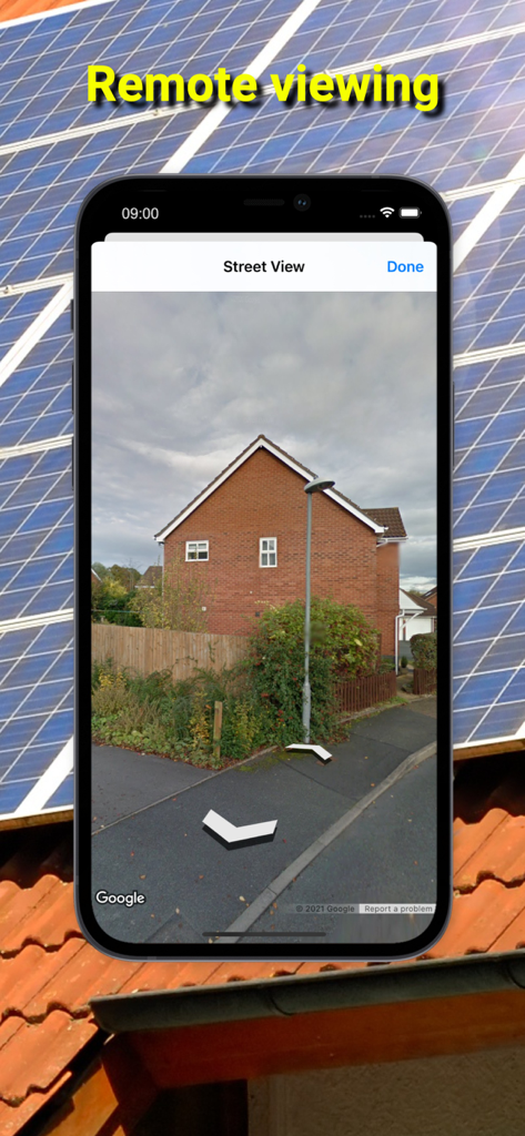 RoofSnoop - RoofSnoop app showing a street view of a house for remote solar roof surveys