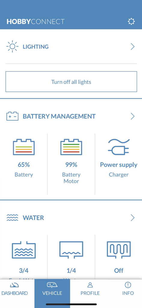 HobbyConnect - HobbyConnect app screen displaying RV lighting, battery, and water level monitoring.