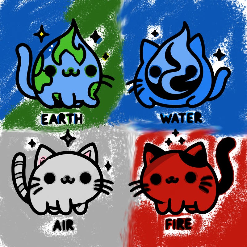 4 cats that represent the different elements, earth, water, air, and fire