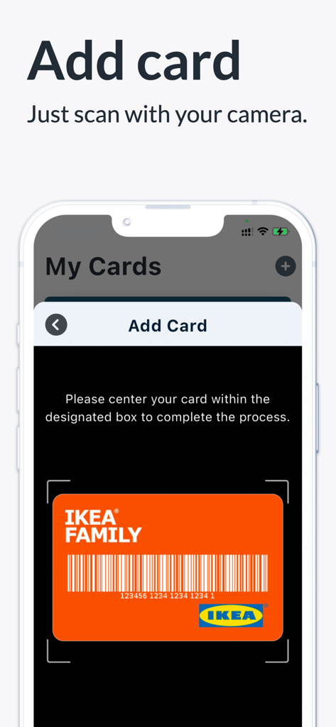 Smartphone scanning an IKEA Family card barcode to add it to the Fotom loyalty wallet app