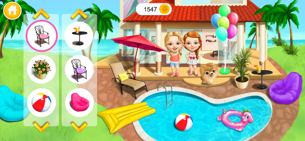 Sweet Olivia Summer Fun 2 - Sweet Olivia and a friend decorating a beach house pool area with various furniture and toys
