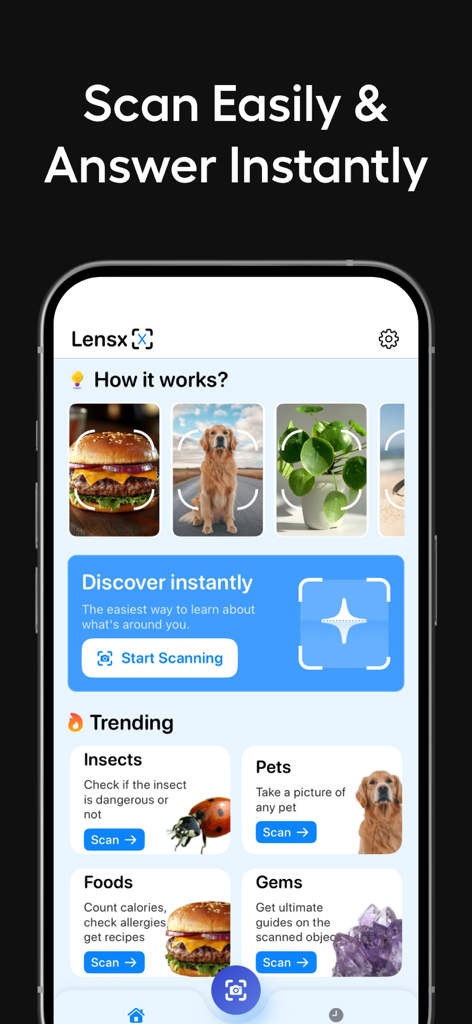 AI Lens & Identifier - AnyScan - AnyScan AI Lens and Identifier app home screen showing identification categories for pets food and insects