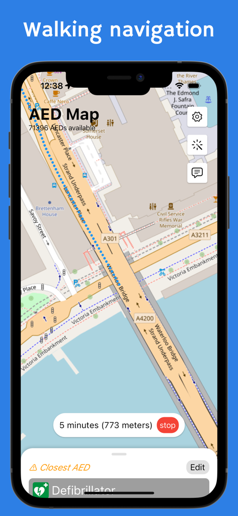 Walking navigation screen in the AED map app showing directions and estimated time to the nearest defibrillator