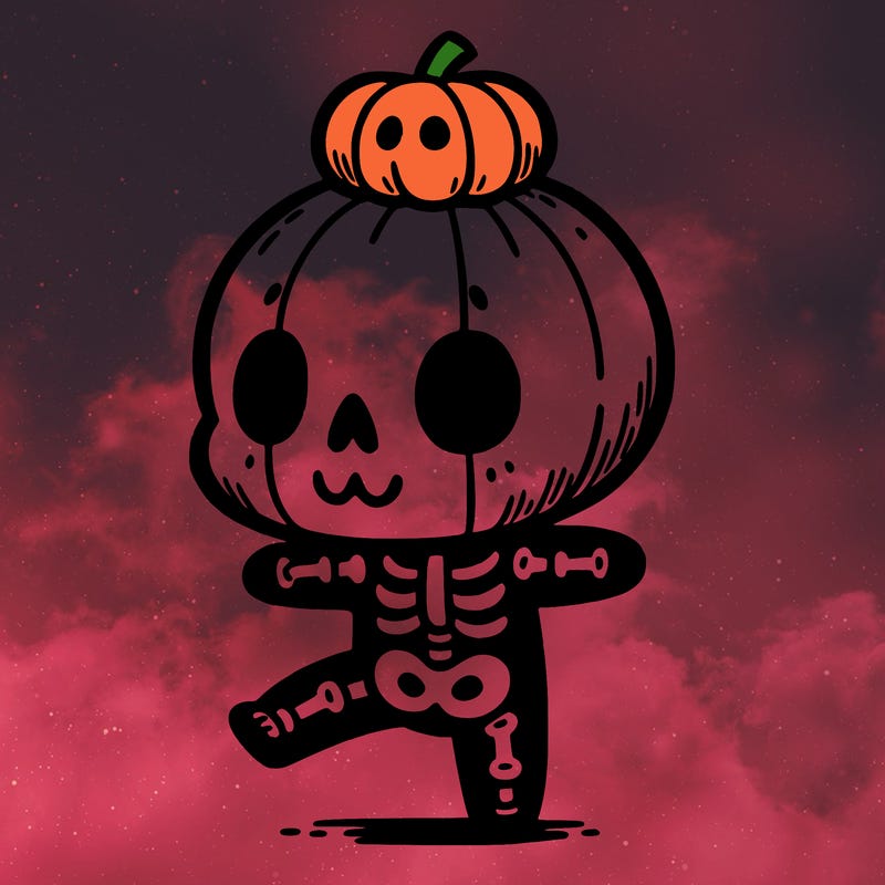 cute skeleton with a pumpkin on its head while dancing