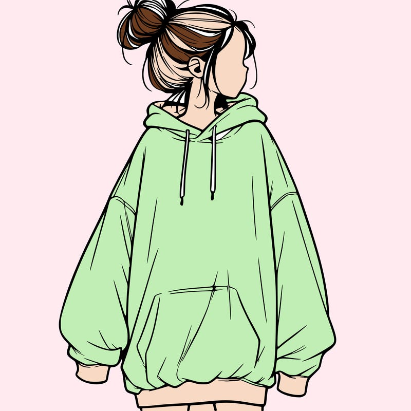 realistic girl with a oversized sweatshirt on and a bun