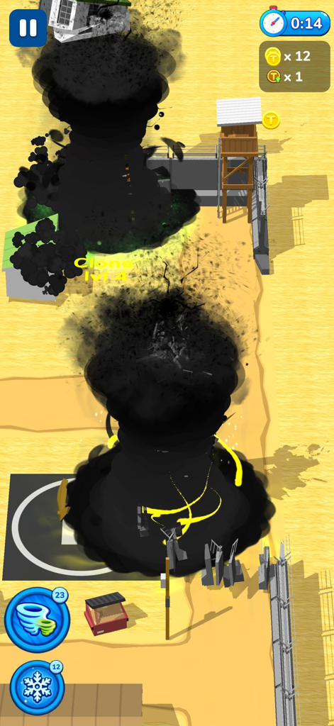 Action gameplay of Tornado io game showing a black storm cloud destroying buildings and structures