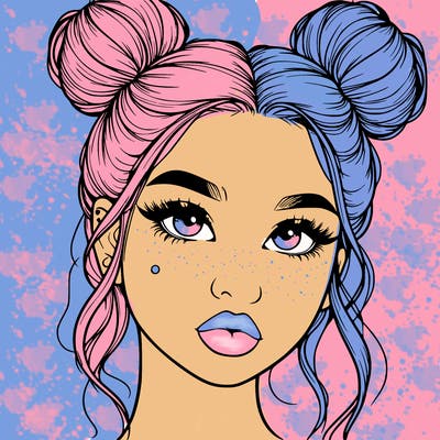 realistic girl with two buns on her hair and lips