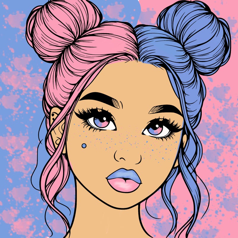 realistic girl with two buns on her hair and lips