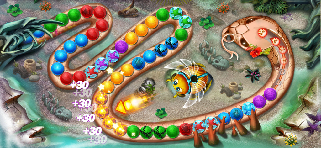 Zumball Classic - Marble Rush - Gameplay of Zumball Classic marble shooter featuring a beetle launcher and colorful marble paths