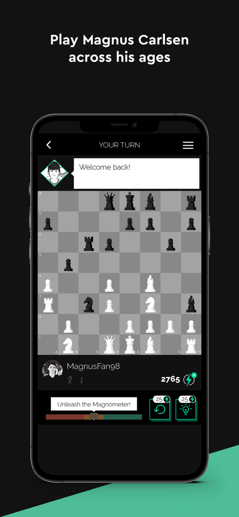 Play Magnus - Play Chess - Smartphone screen showing the Play Magnus chess game interface with a digital chessboard and game features