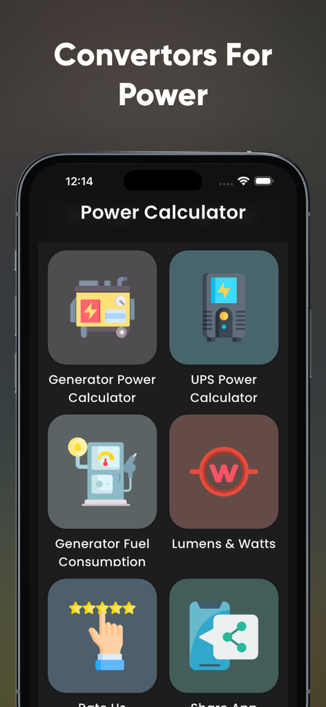 Electrical Power Calculator - Electrical Power Calculator app home screen showing generator, UPS, and fuel consumption calculation tools.