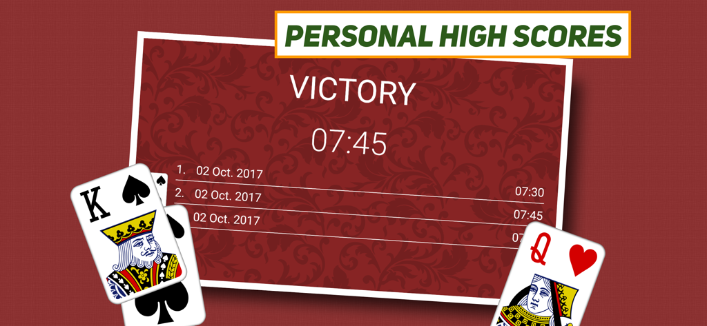 Spider Solitaireの勝利画面。個人のハイスコアと完了時間が表示されています。