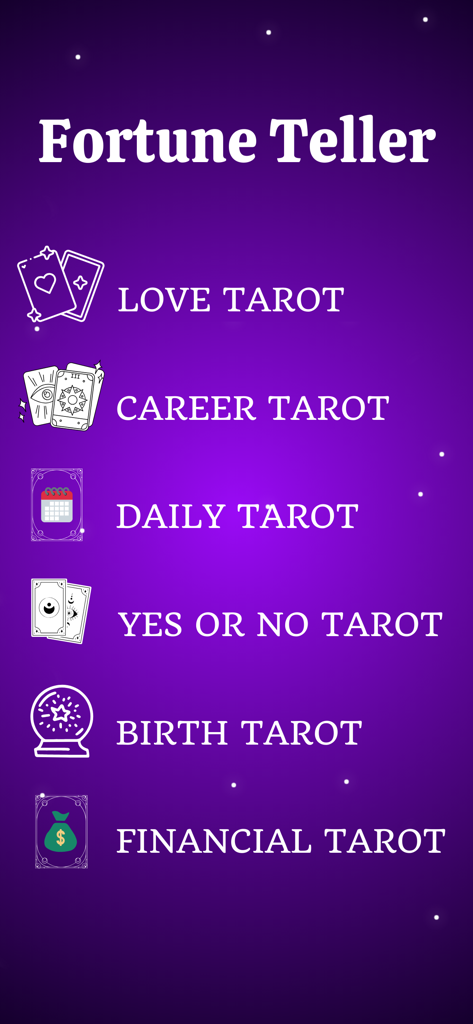 A menu screen from the Tarot Card Reading app featuring options for Love Career Daily Yes or No Birth and Financial Tarot readings on a purple background