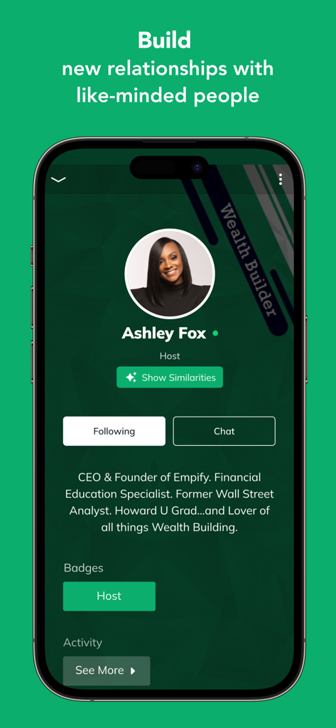 Pantalla de perfil de usuario de Ashley Fox dentro de la aplicación Comunidad WealthBuilders