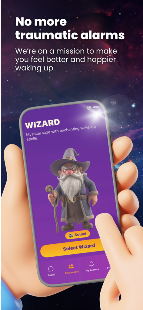 Snoozd Alarm Clock - Snoozd Alarm Clock app interface showing a wizard character for personalized wake-up calls