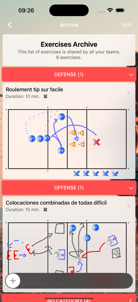 Assistant Coach Volleyball - Volleyball exercises archive screen showing defensive and offensive drill diagrams with durations