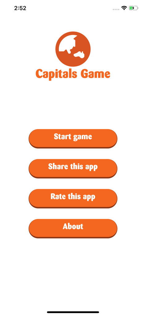 Capitals Game app main menu screen showing start game and navigation buttons