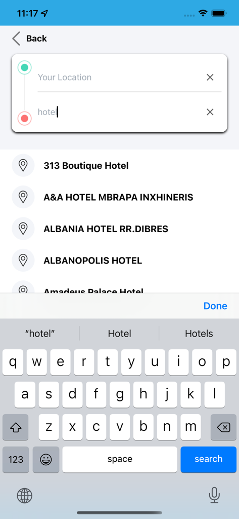 Blue Taxi - Searching for a hotel destination in the Blue Taxi app