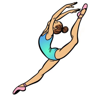 gymnast doing a leap in a leotard with a bent back leg