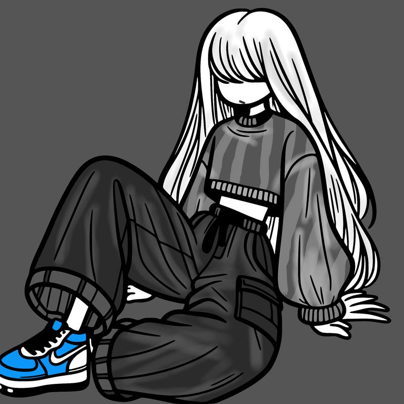 a girl with baggy pants and a crop top with long hair