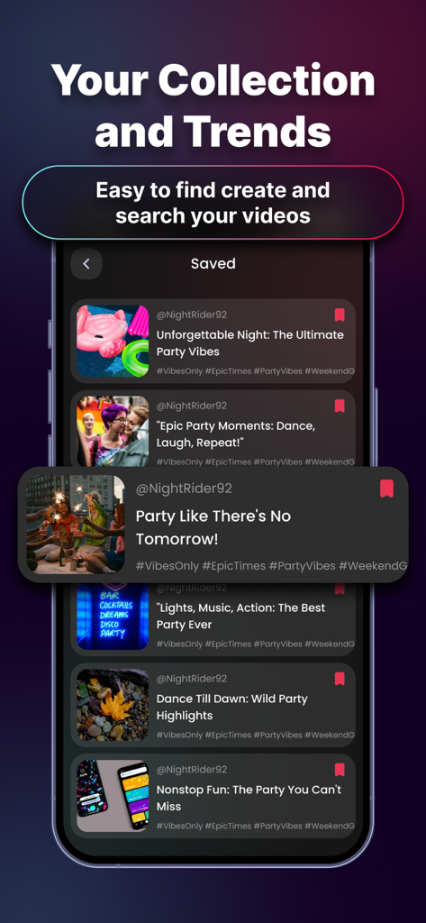 Tik Saver app interface showing a collection of saved videos and trending social content