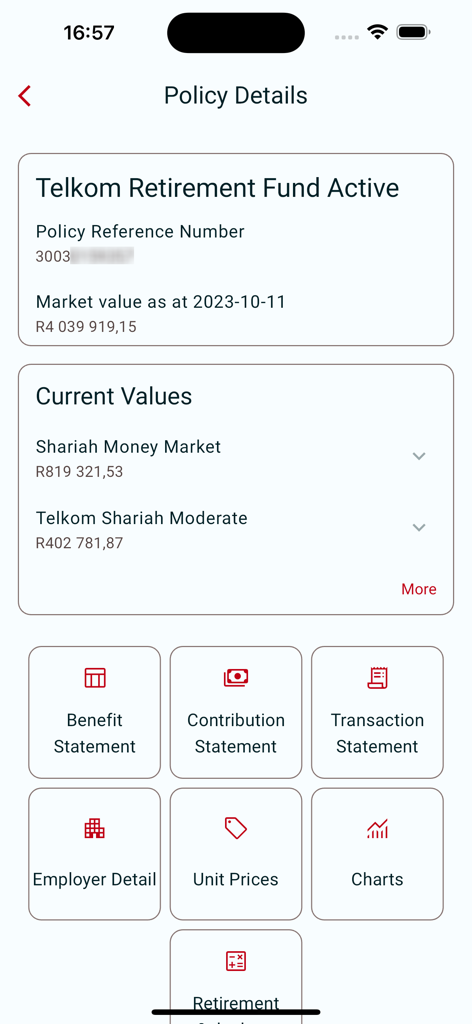MRA Mobile - Interfaz de la aplicación MRA Mobile que muestra los detalles de la póliza de jubilación y los valores actuales de los fondos de inversión