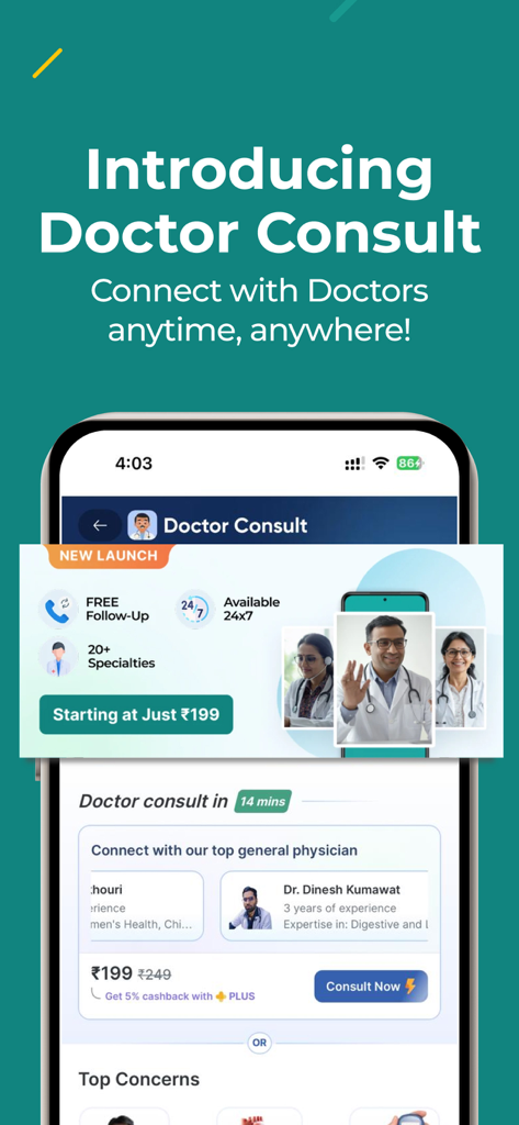 PharmEasy app promotional screen introducing 24/7 online doctor consultation services starting at 199 rupees