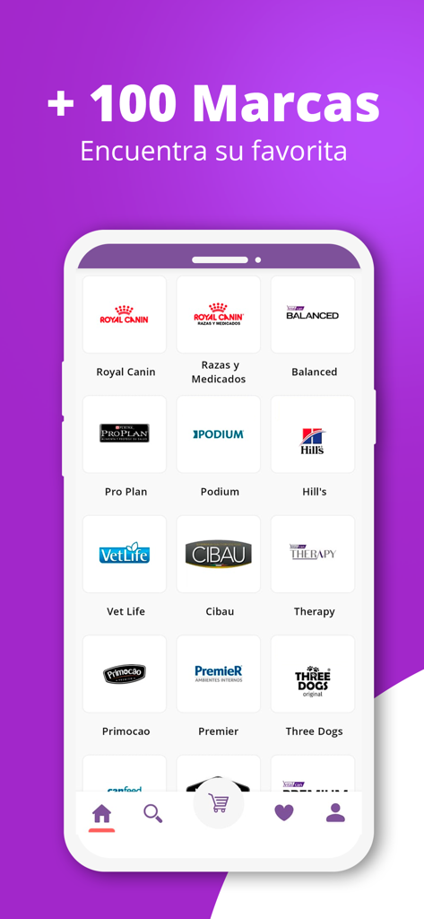 Envios Pet – Petshop Delivery - Mobile screen showing a list of over 100 pet food and care brands.