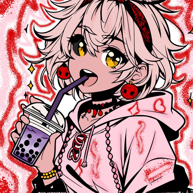 hot baddie anime girl drinking boba and biting the straw