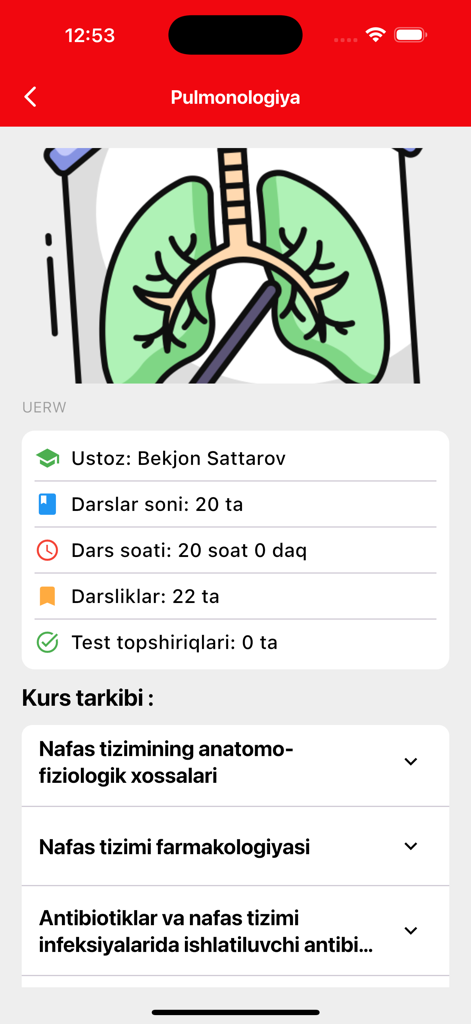 iMed Team - Course details for Pulmonology in the iMed Team medical education app featuring course modules and instructor information.