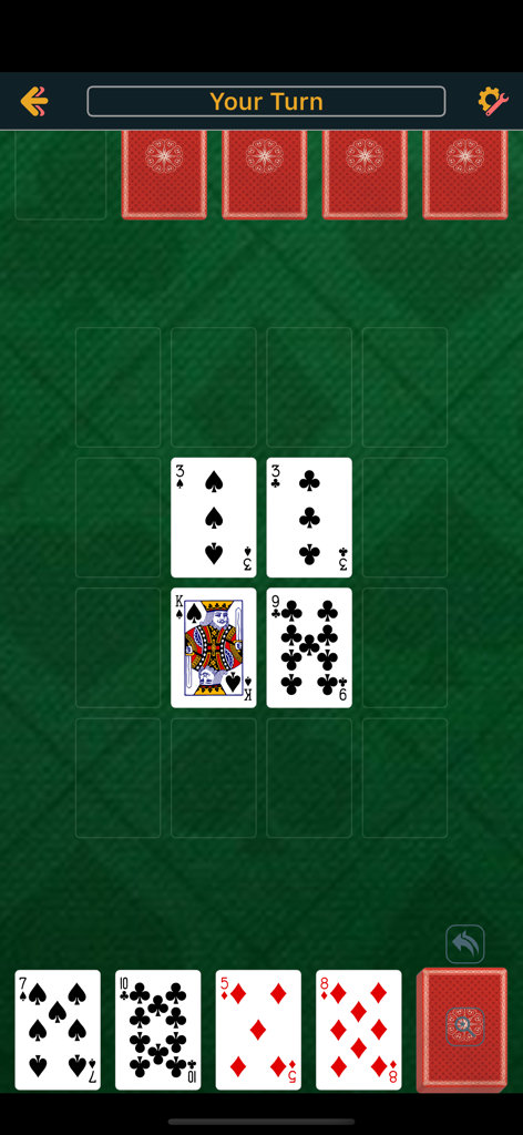 Pocket Cassino - Pocket Cassino card game interface showing a player's turn with cards on a green table