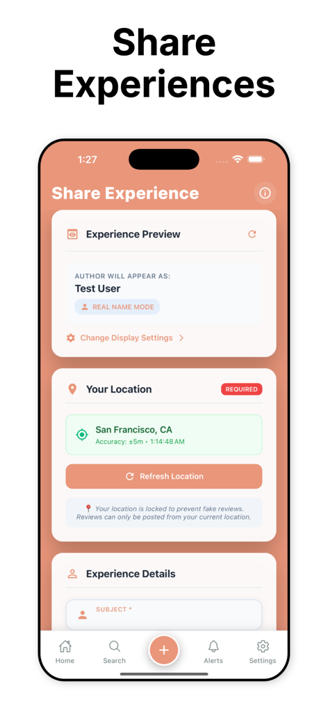 TeaOnHer app interface for sharing experiences with GPS verified location and display settings