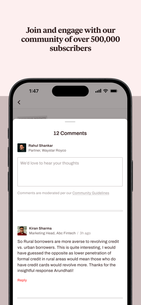 Une section de commentaires de la communauté professionnelle au sein de l'application The Ken montrant des discussions commerciales entre dirigeants et leaders de l'industrie.