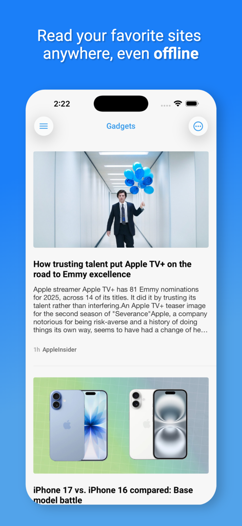 A smartphone screen showing the Newsify RSS reader app with a clean news feed of gadget articles and a headline about offline reading.