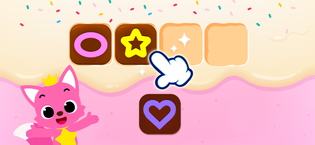 Pinkfong character guiding a shape matching educational game with colorful shapes on toast