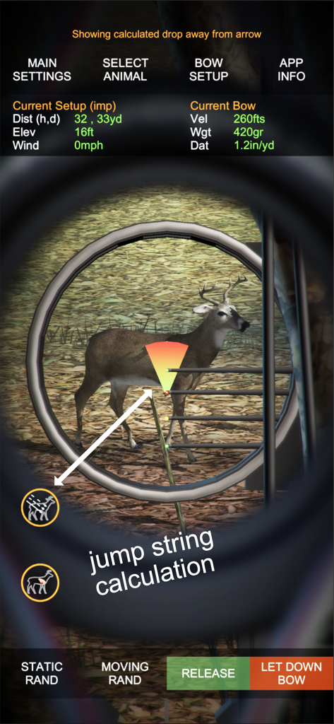 Bow sight view of a deer in Bow Hunt Simulator featuring technical ballistic data and string jump calculation.