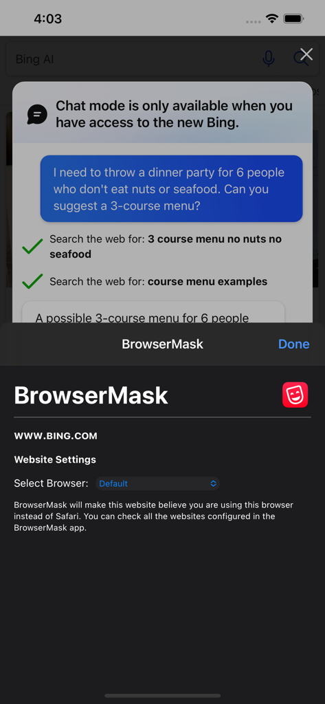 BrowserMask for Safari - Interface of BrowserMask Safari extension showing user agent settings for bing.com on an iPhone.