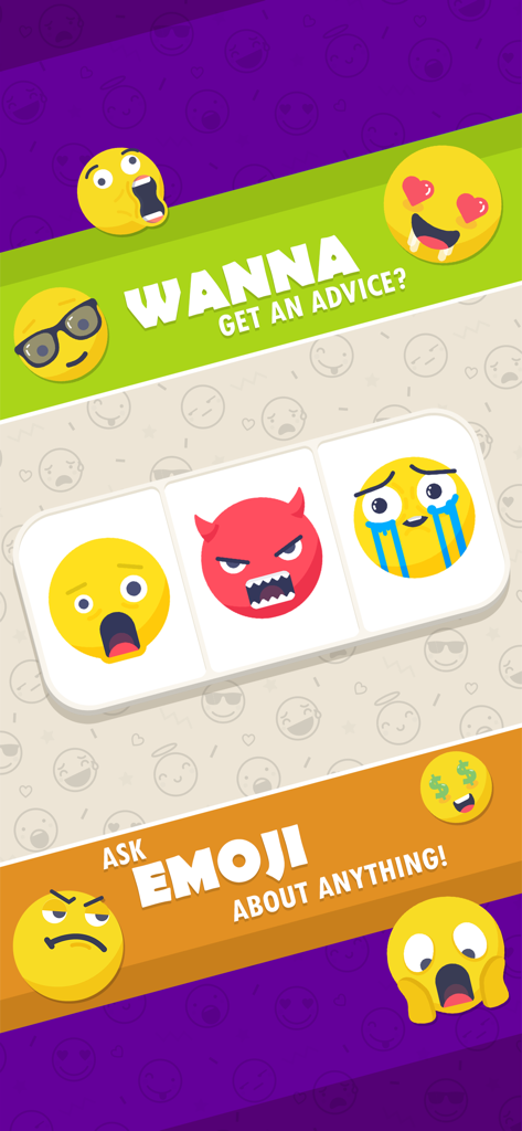 Ask Emoji: Spin the Fortune - Ask Emoji app interface with colorful emojis for fortune telling and advice