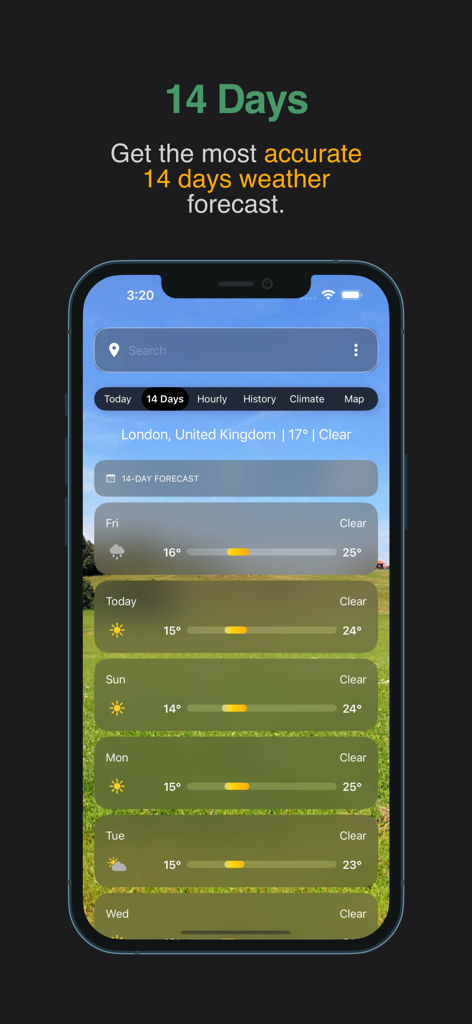 WorldWeatherOnline - WorldWeatherOnline app interface showing a detailed 14-day weather forecast for London