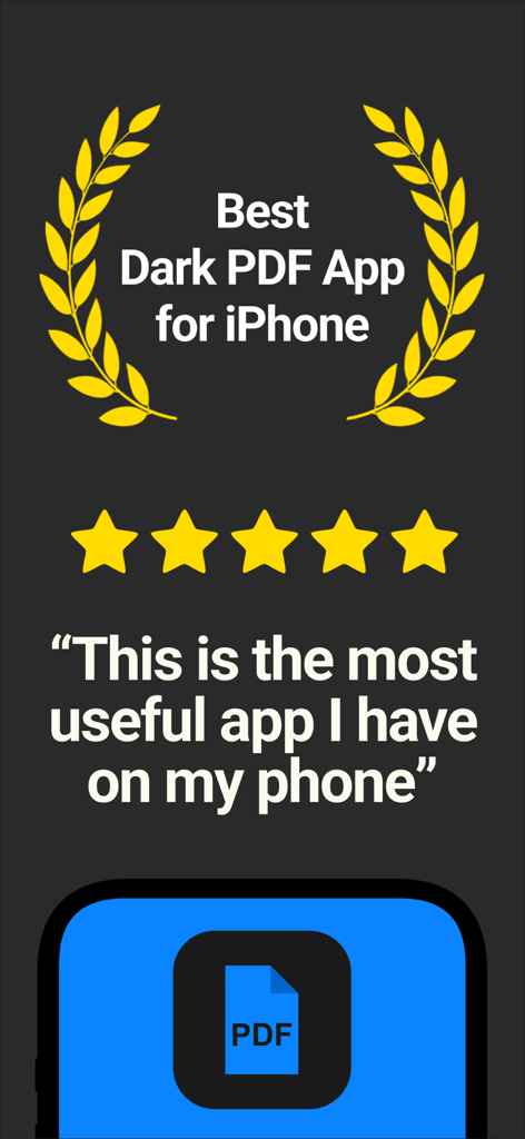 iPhone에서 Dark Reader PDF 뷰어에 대한 별 다섯 개 평점 및 사용자 평가.