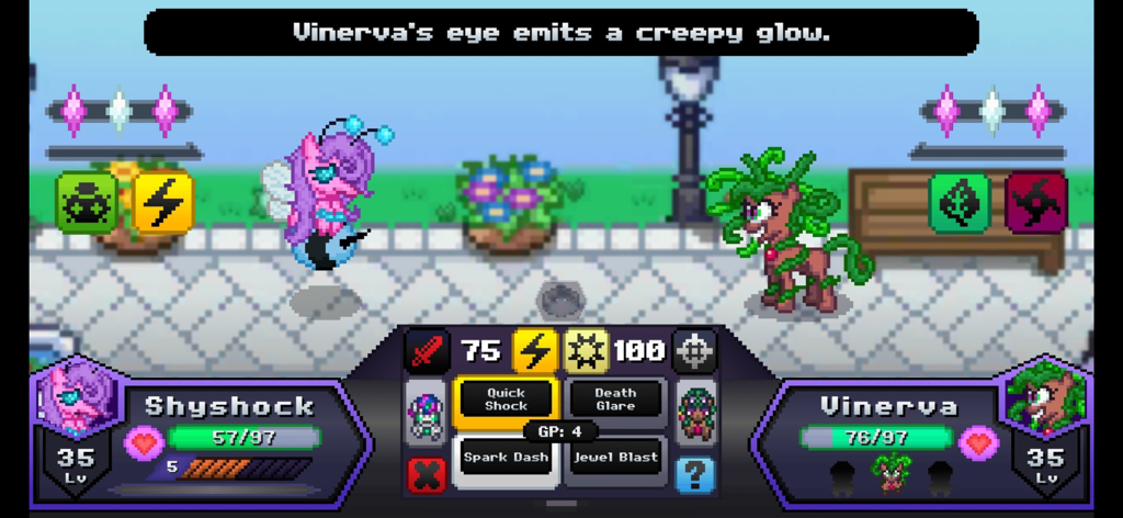 Battle Gem Ponies - A turn-based pixel art battle between Shyshock and Vinerva in Battle Gem Ponies
