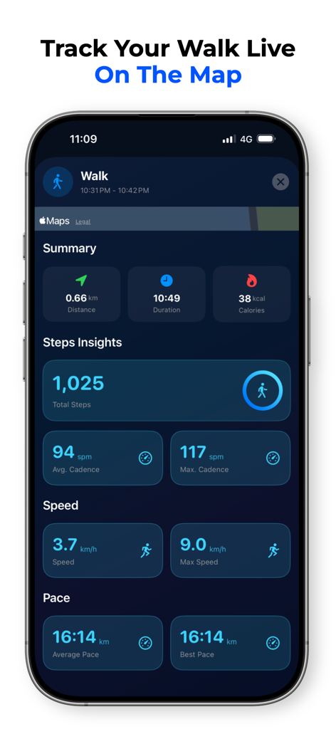MySteps app dashboard showing live walking activity summary with steps distance speed and map