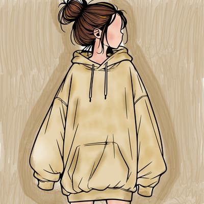 realistic girl with a oversized sweatshirt on and a bun