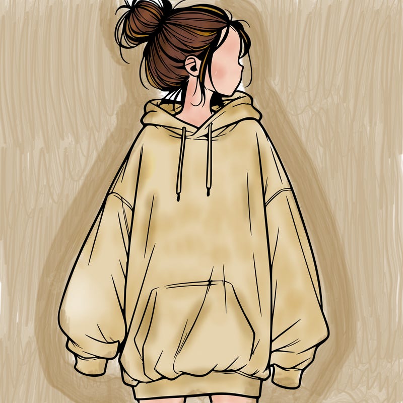 realistic girl with a oversized sweatshirt on and a bun