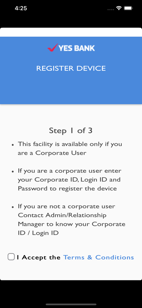 YES Biz Online - YES Biz Online device registration screen for corporate banking users