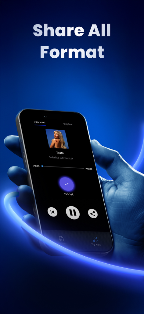 Volume Booster-High Louder Max - 모바일폰에서 모든 형식 공유 기능을 보여주는 볼륨 부스터 앱 음악 플레이어 인터페이스