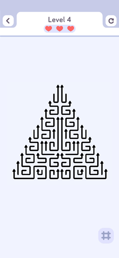 Pantalla de juego de Arrow Flow Puzzle que muestra un laberinto de lógica triangular de flechas negras